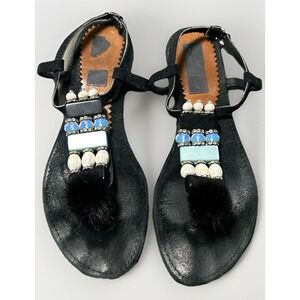 Handmade Greek Sandals Boho Beaded Rhinestone Pom Pom Leather Black Sz 9